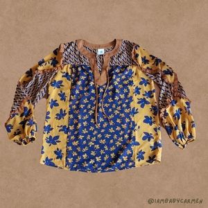 Cabi - Mustard and Navy Printed Harmony Blouse with Ruffles - Size Small